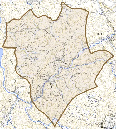 老川とその周辺の地図。町の範囲を重ねている
