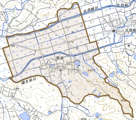 岡波とその周辺の地図。町の範囲を重ねている
