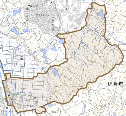 沖とその周辺の地図。町の範囲を重ねている