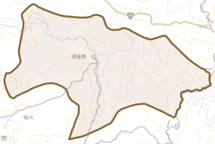 奥鹿野とその周辺の地図。町の範囲を重ねている