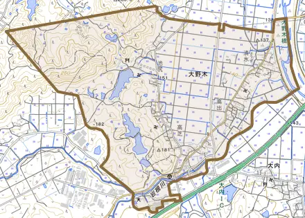 大野木とその周辺の地図。町の範囲を重ねている