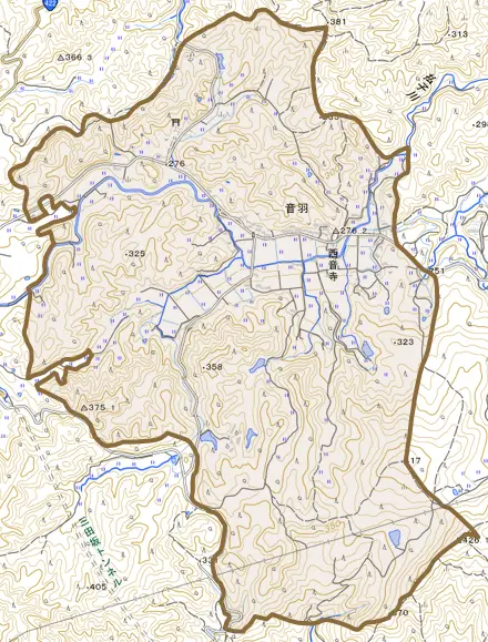 音羽とその周辺の地図。町の範囲を重ねている