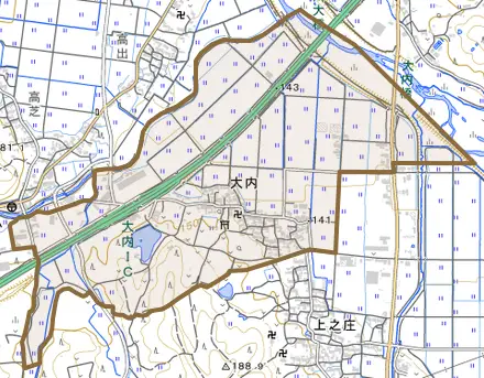 大内とその周辺の地図。町の範囲を重ねている