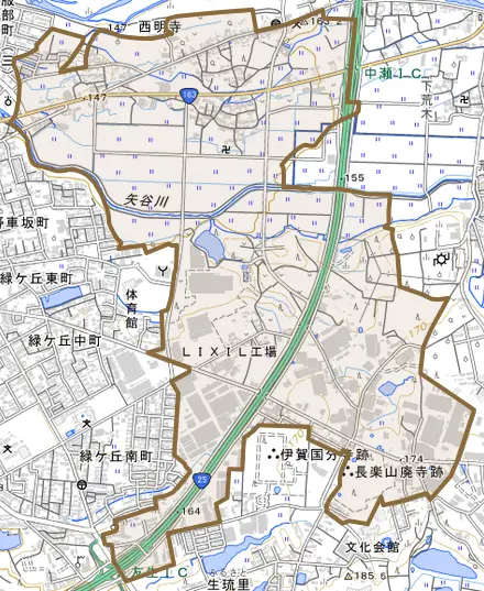 西明寺とその周辺の地図。町の範囲を重ねている