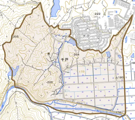 千戸とその周辺の地図。町の範囲を重ねている
