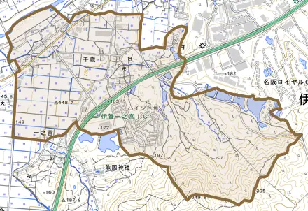 千歳とその周辺の地図。町の範囲を重ねている