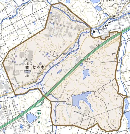 七本木とその周辺の地図。町の範囲を重ねている
