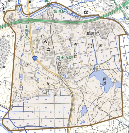 四十九町とその周辺の地図。町の範囲を重ねている