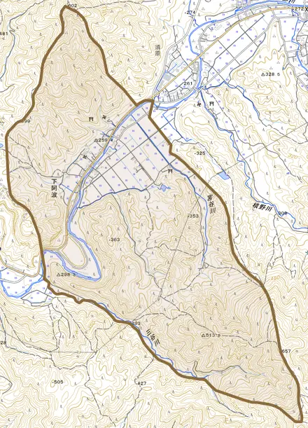 下阿波とその周辺の地図。町の範囲を重ねている