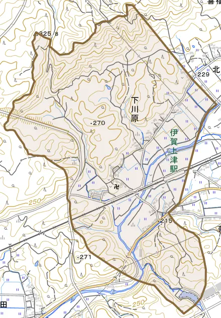 下川原とその周辺の地図。町の範囲を重ねている