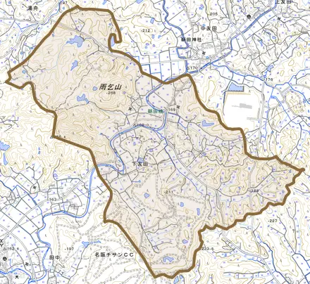 下友田とその周辺の地図。町の範囲を重ねている