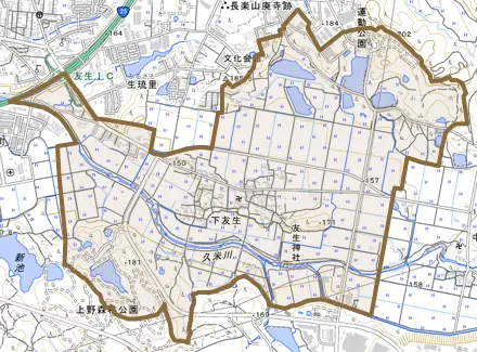 下友生とその周辺の地図。町の範囲を重ねている