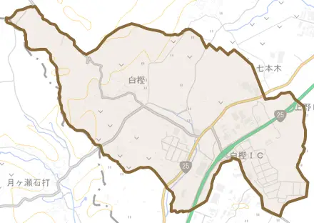 白樫とその周辺の地図。町の範囲を重ねている