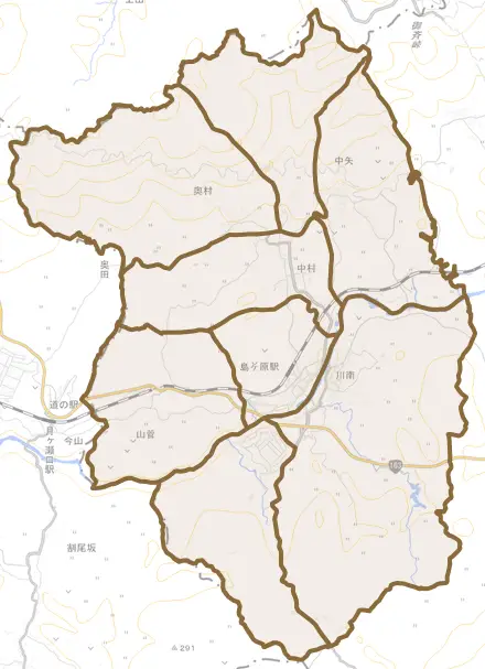 島ヶ原とその周辺の地図。町の範囲を重ねている