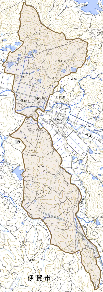 界外とその周辺の地図。町の範囲を重ねている