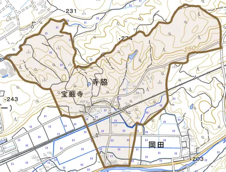 寺脇とその周辺の地図。町の範囲を重ねている