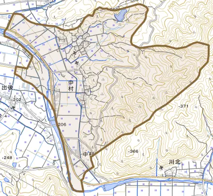 中村とその周辺の地図。町の範囲を重ねている