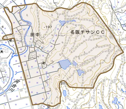 田中とその周辺の地図。町の範囲を重ねている