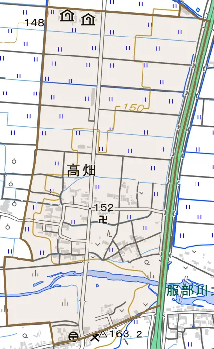 高畑とその周辺の地図。町の範囲を重ねている
