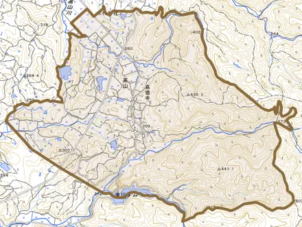 高山とその周辺の地図。町の範囲を重ねている