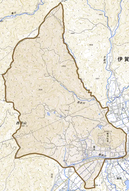 富永とその周辺の地図。町の範囲を重ねている