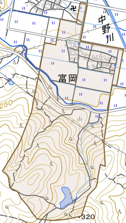 富岡とその周辺の地図。町の範囲を重ねている