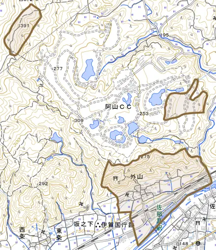 外山とその周辺の地図。町の範囲を重ねている