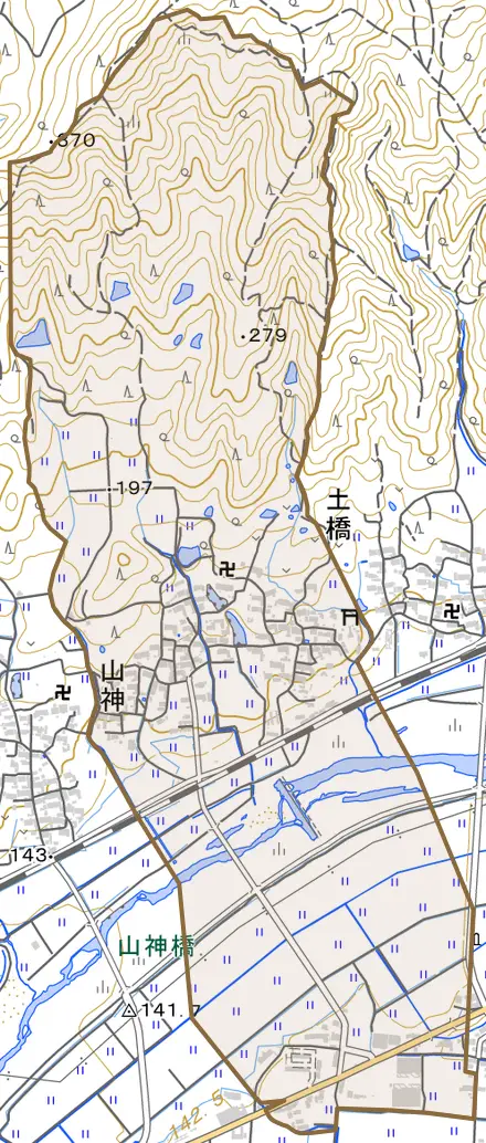土橋とその周辺の地図。町の範囲を重ねている