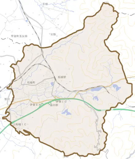 柘植町とその周辺の地図。町の範囲を重ねている