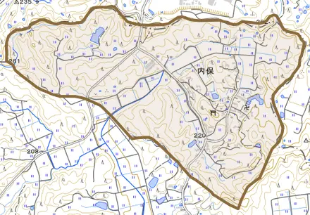 内保とその周辺の地図。町の範囲を重ねている