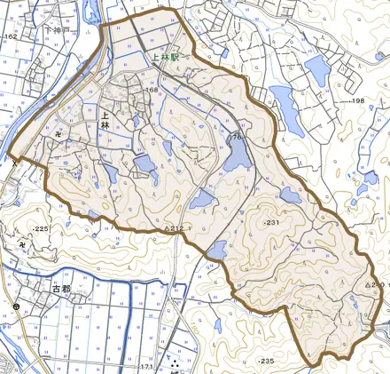 上林とその周辺の地図。町の範囲を重ねている