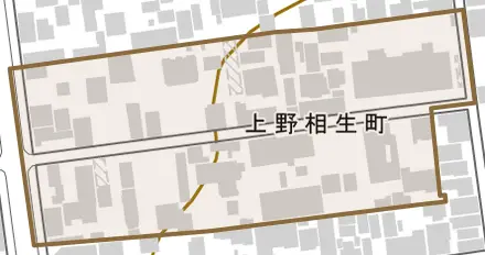 上野相生町とその周辺の地図。町の範囲を重ねている