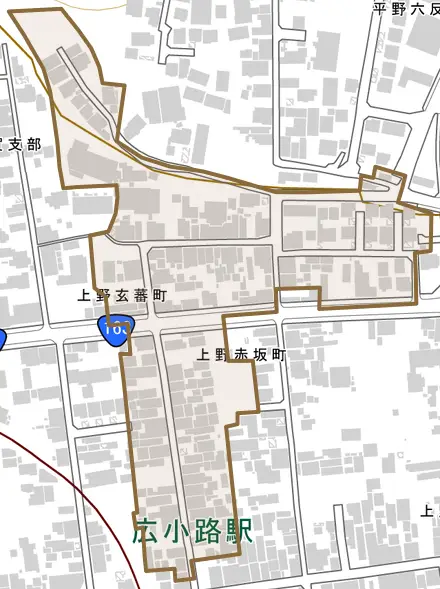 上野赤坂町とその周辺の地図。町の範囲を重ねている