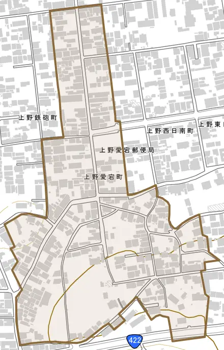 上野愛宕町とその周辺の地図。町の範囲を重ねている
