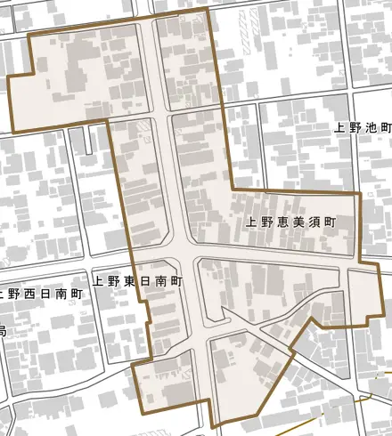 上野恵美須町とその周辺の地図。町の範囲を重ねている
