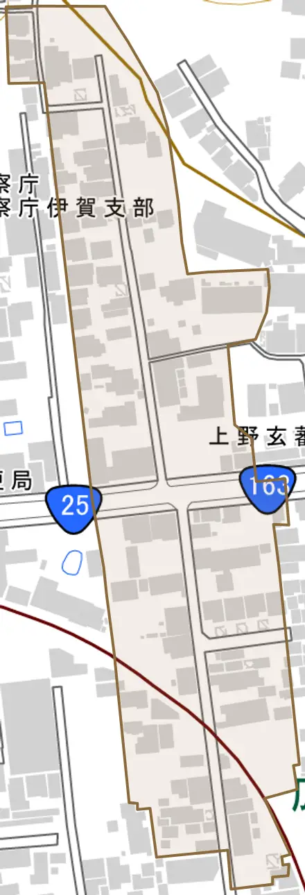上野玄蕃町とその周辺の地図。町の範囲を重ねている