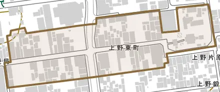 上野東町とその周辺の地図。町の範囲を重ねている