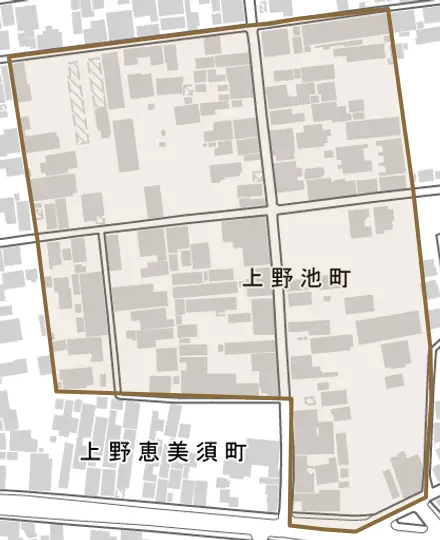上野池町とその周辺の地図。町の範囲を重ねている
