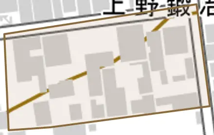 上野鍛冶町とその周辺の地図。町の範囲を重ねている