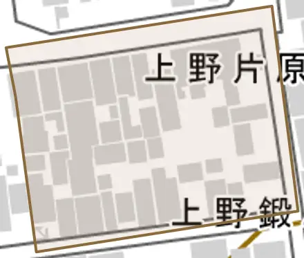 上野片原町とその周辺の地図。町の範囲を重ねている
