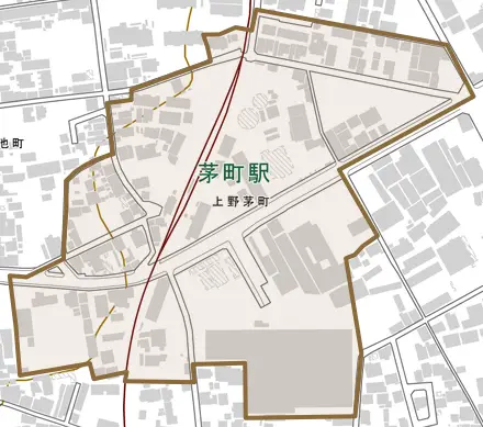 上野茅町とその周辺の地図。町の範囲を重ねている