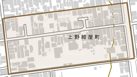 上野紺屋町とその周辺の地図。町の範囲を重ねている
