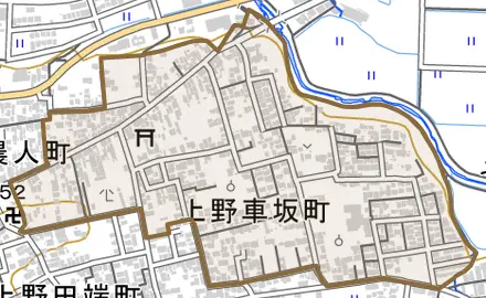 上野車坂町とその周辺の地図。町の範囲を重ねている