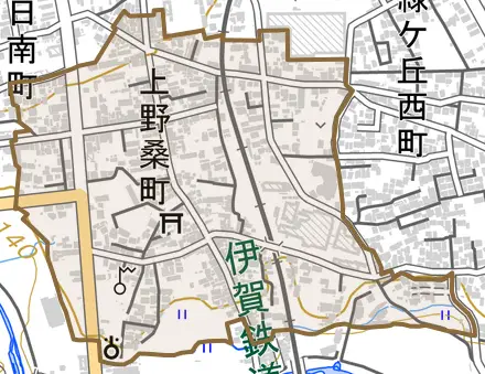 上野桑町とその周辺の地図。町の範囲を重ねている