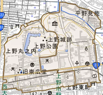 上野丸之内とその周辺の地図。町の範囲を重ねている