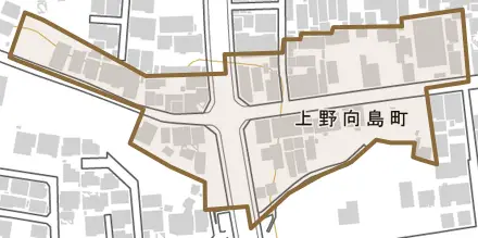 上野向島町とその周辺の地図。町の範囲を重ねている
