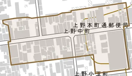 上野中町とその周辺の地図。町の範囲を重ねている