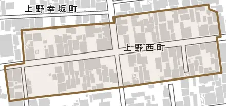 上野西町とその周辺の地図。町の範囲を重ねている