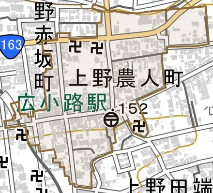 上野農人町とその周辺の地図。町の範囲を重ねている