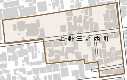 上野三之西町とその周辺の地図。町の範囲を重ねている
